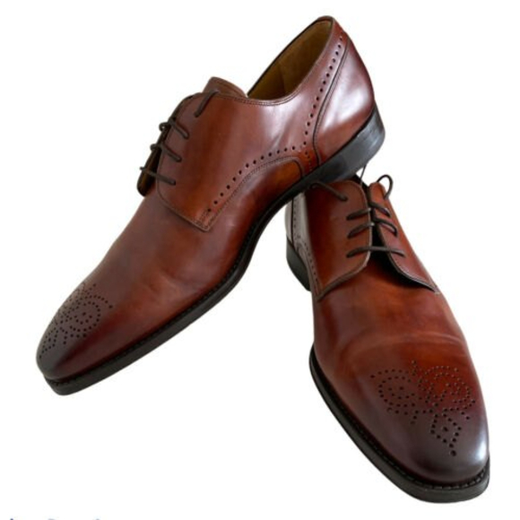 MAGNANNI Men 12 Oxfords Shoes Brown Leather Burnished Medallion Toe Derby - Picture 1 of 9